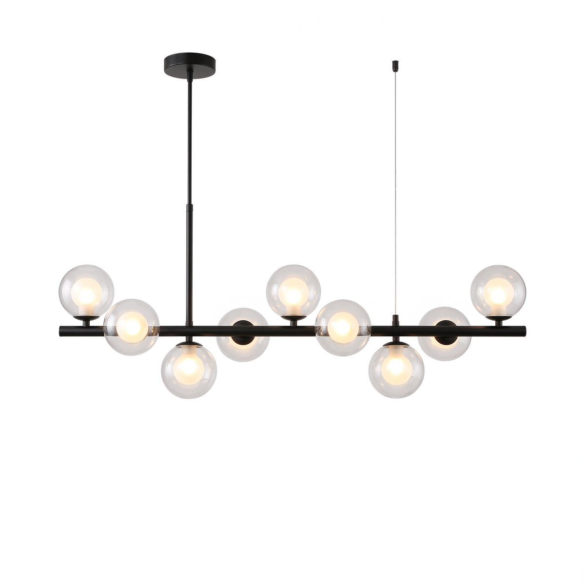 Barnes linear glass globe chandelier, black bar with clear glass globes