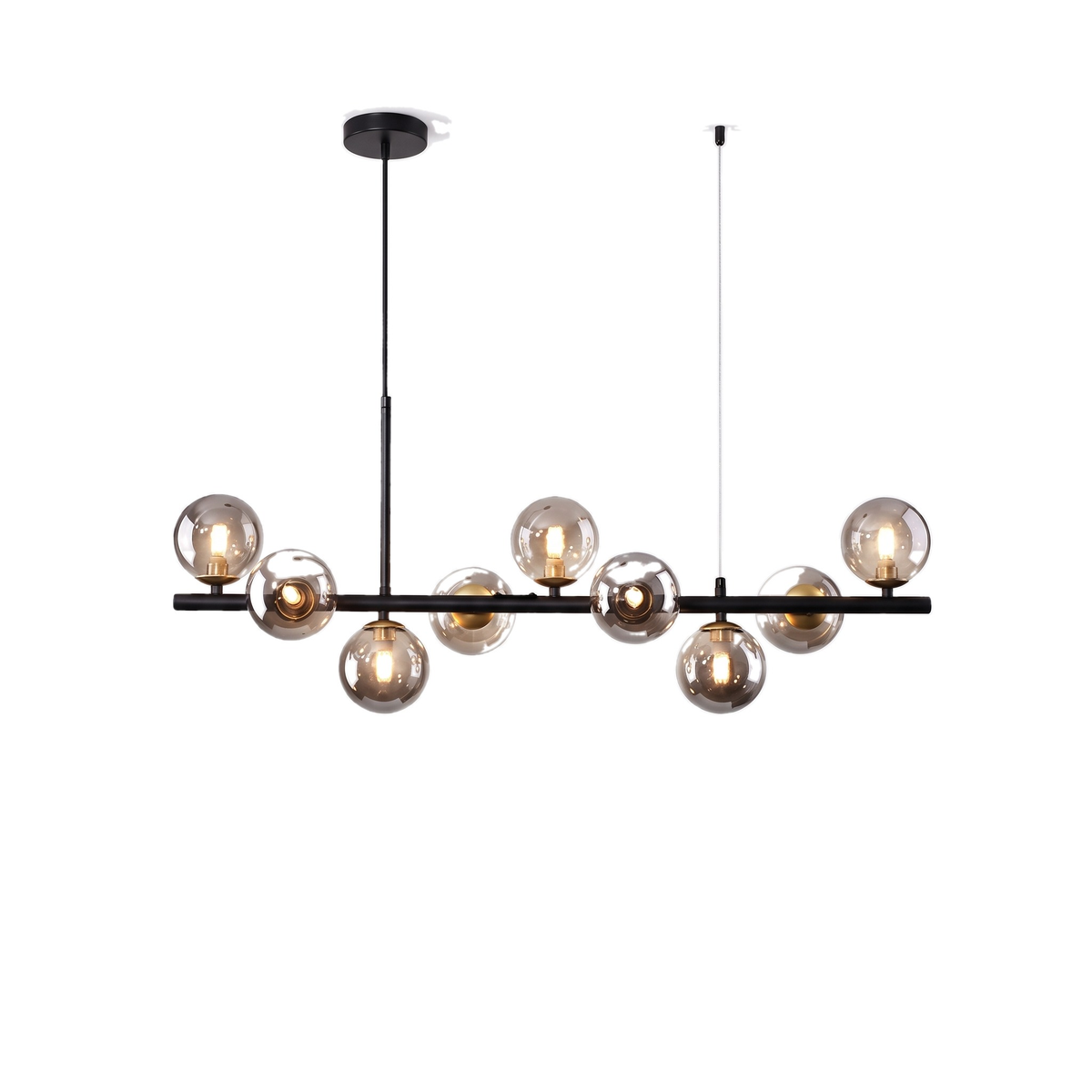 Barnes linear glass globe chandelier, black bar with smoky grey glass globes