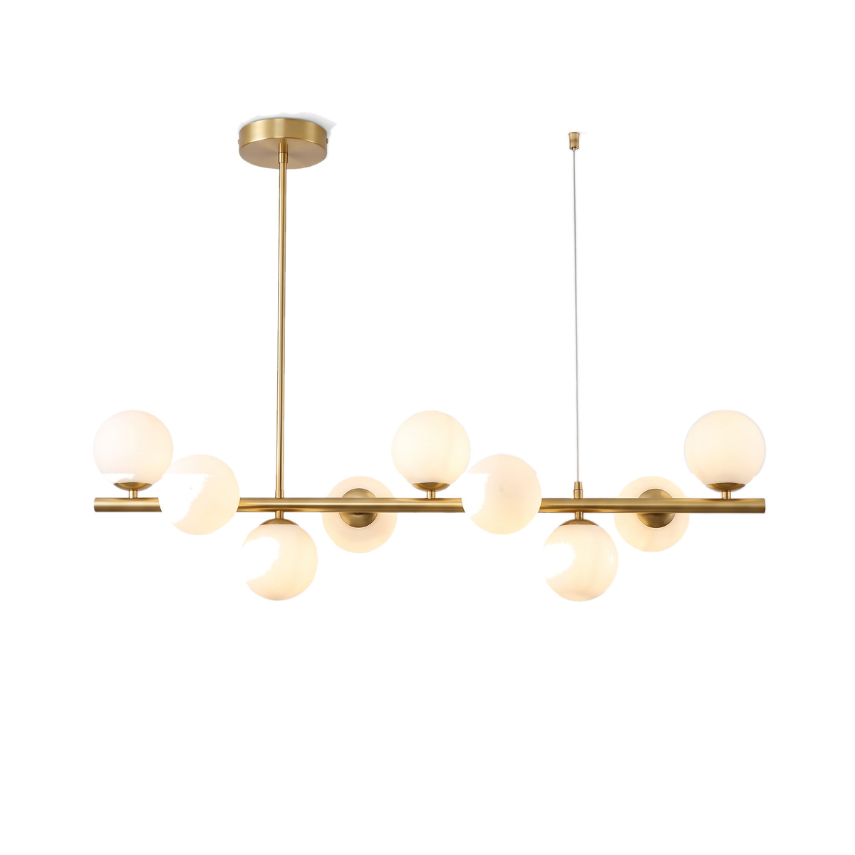 Barnes linear glass globe chandelier, brass bar with milky opal glass globes