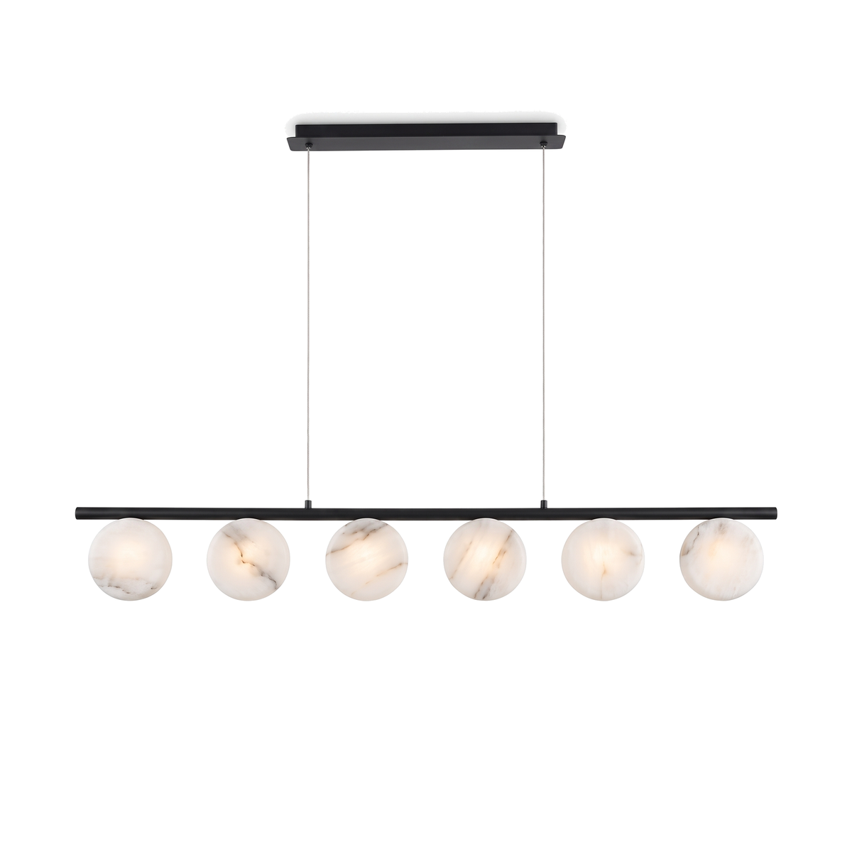 Battersea alabaster linear pendant with natural alabaster discs on a black bar, white background