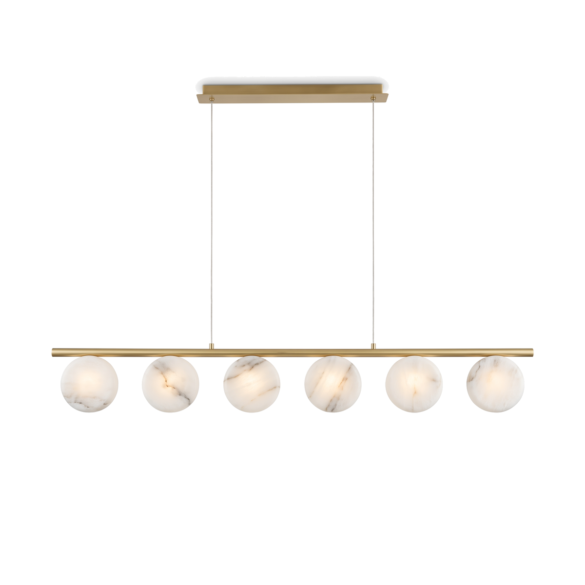 Battersea alabaster linear pendant with natural alabaster discs on a brass bar, white background