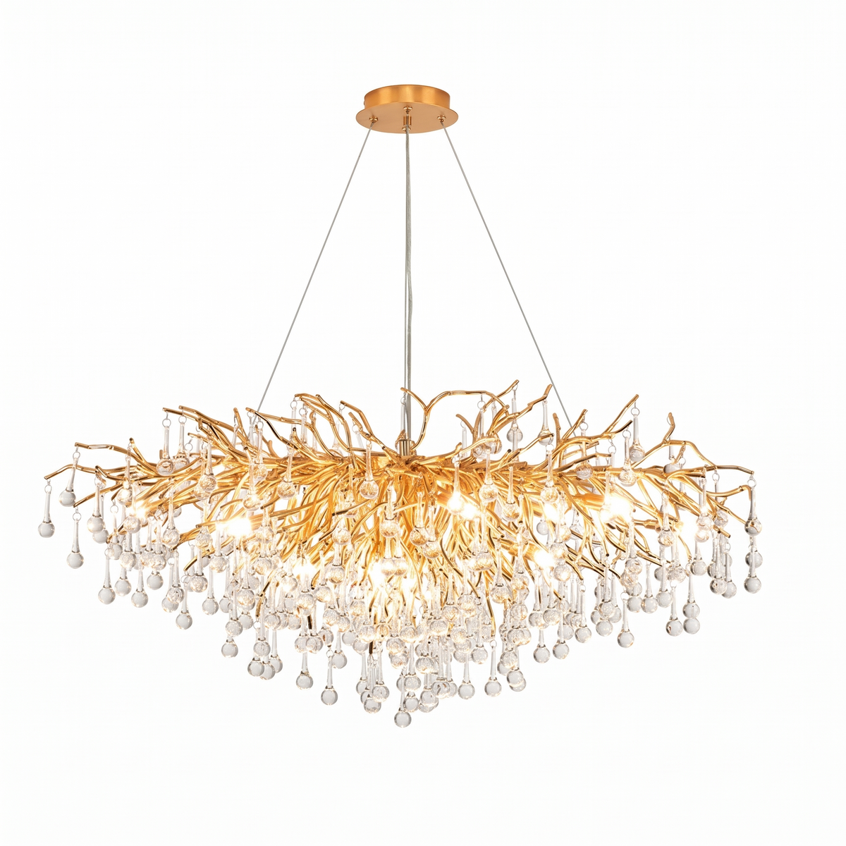 Bloomsbury crystal branch chandelier with crystal drops in gold on a white background