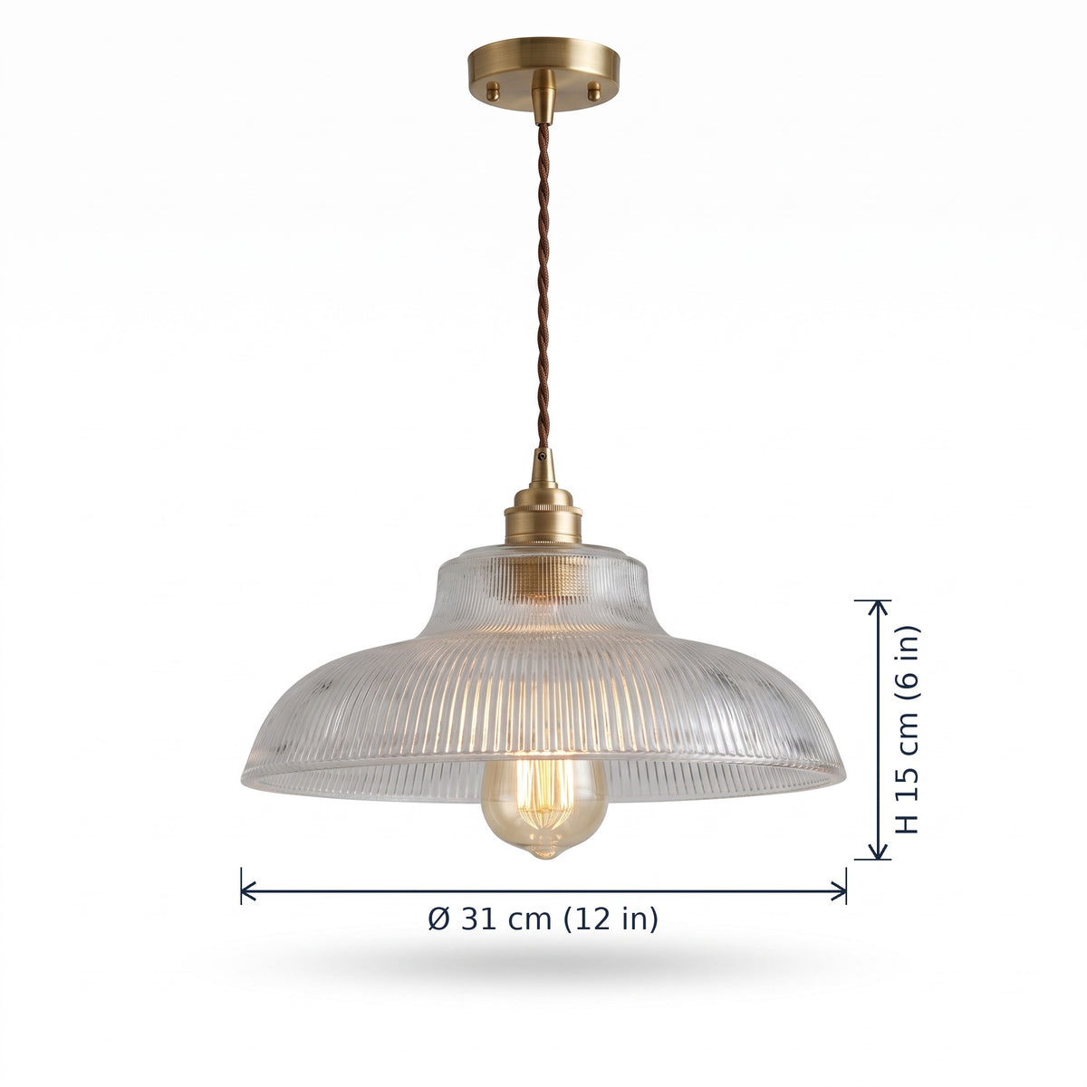 Brixton Ribbed Glass Dome Pendant Light dimensions in cm and inches