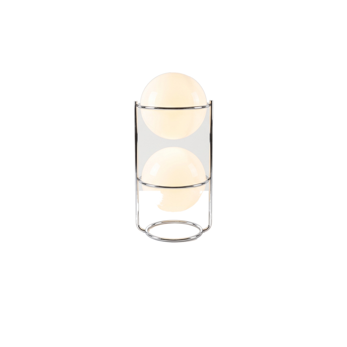 Camden globe floor lamp, Duo Low, two stacked opal globes in a chrome frame, 80 cm, white background