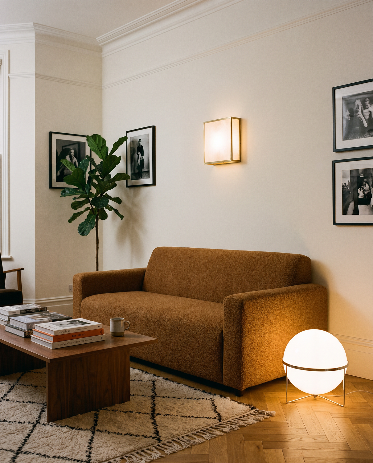 Camden globe floor lamp, opal globe glowing on the floor beside a caramel sofa in a Victorian living room