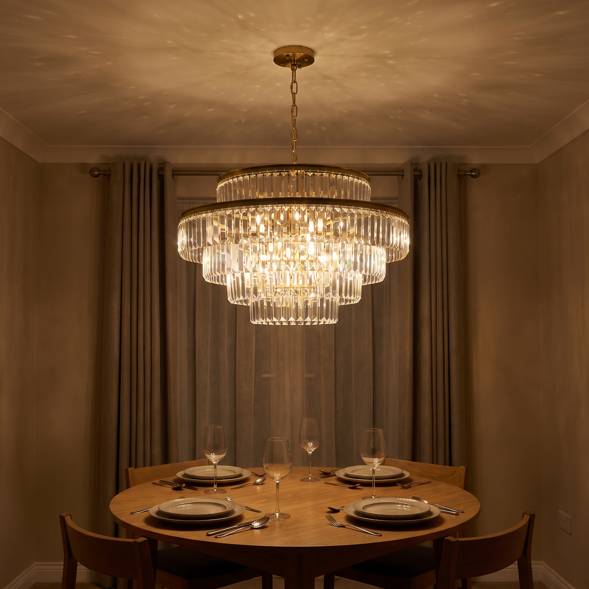 Chelsea tiered crystal chandelier lit above a round dining table in the evening