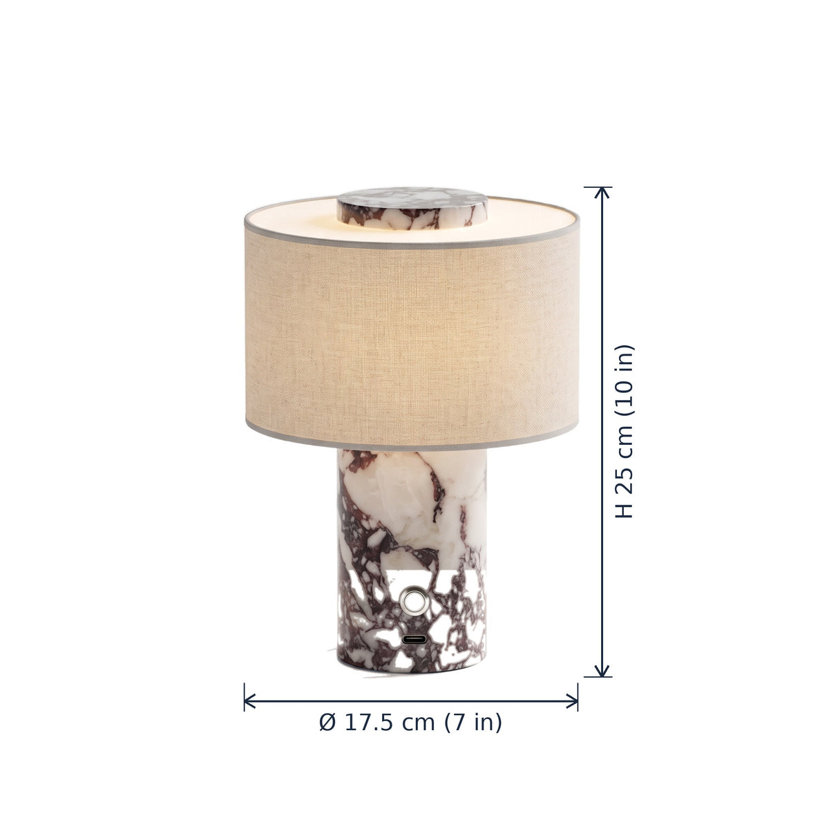 Chiswick Marble Rechargeable Table Lamp with Linen Shade dimensions in cm and inches