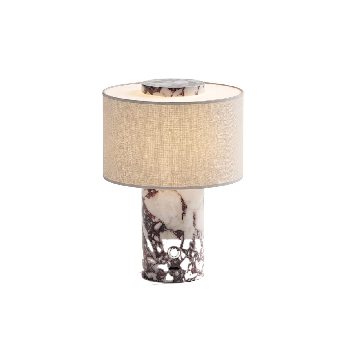 Chiswick marble rechargeable table lamp with veined marble base and natural linen shade, white background