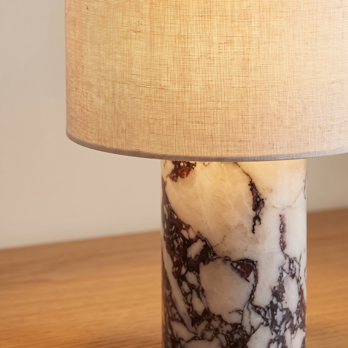 Chiswick marble rechargeable table lamp, close-up of the natural linen shade and veined marble base