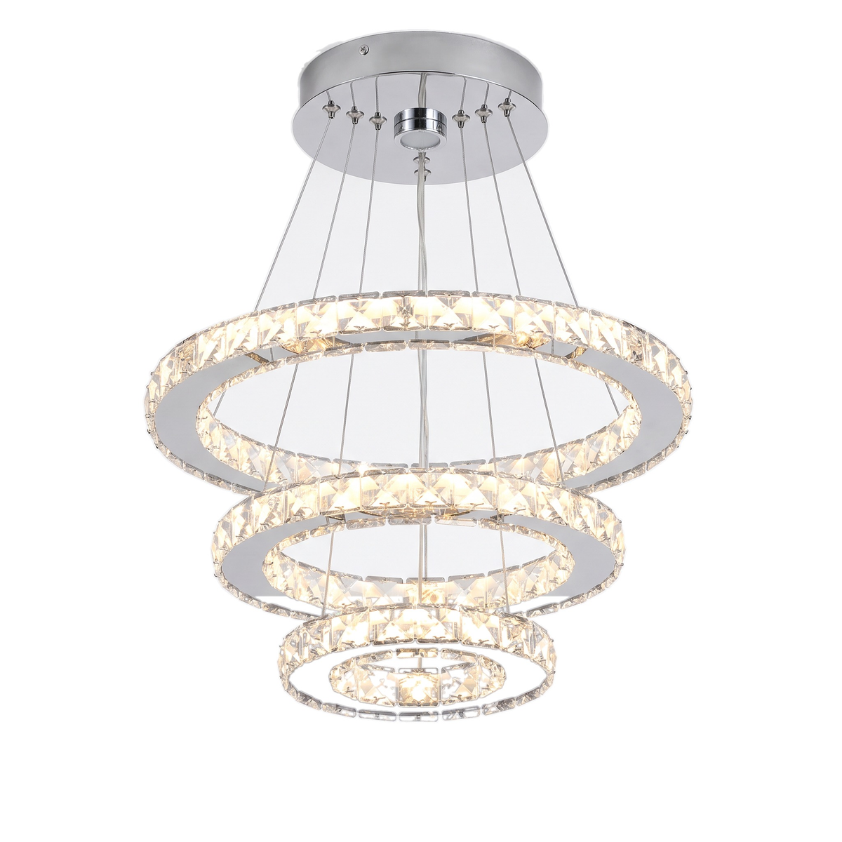 Clarence crystal ring pendant light, three-ring LED model in chrome on a white background