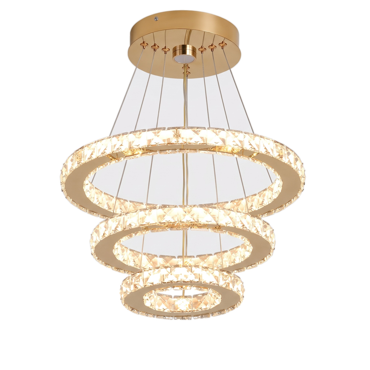 Clarence crystal ring pendant light, three-ring LED model in gold on a white background
