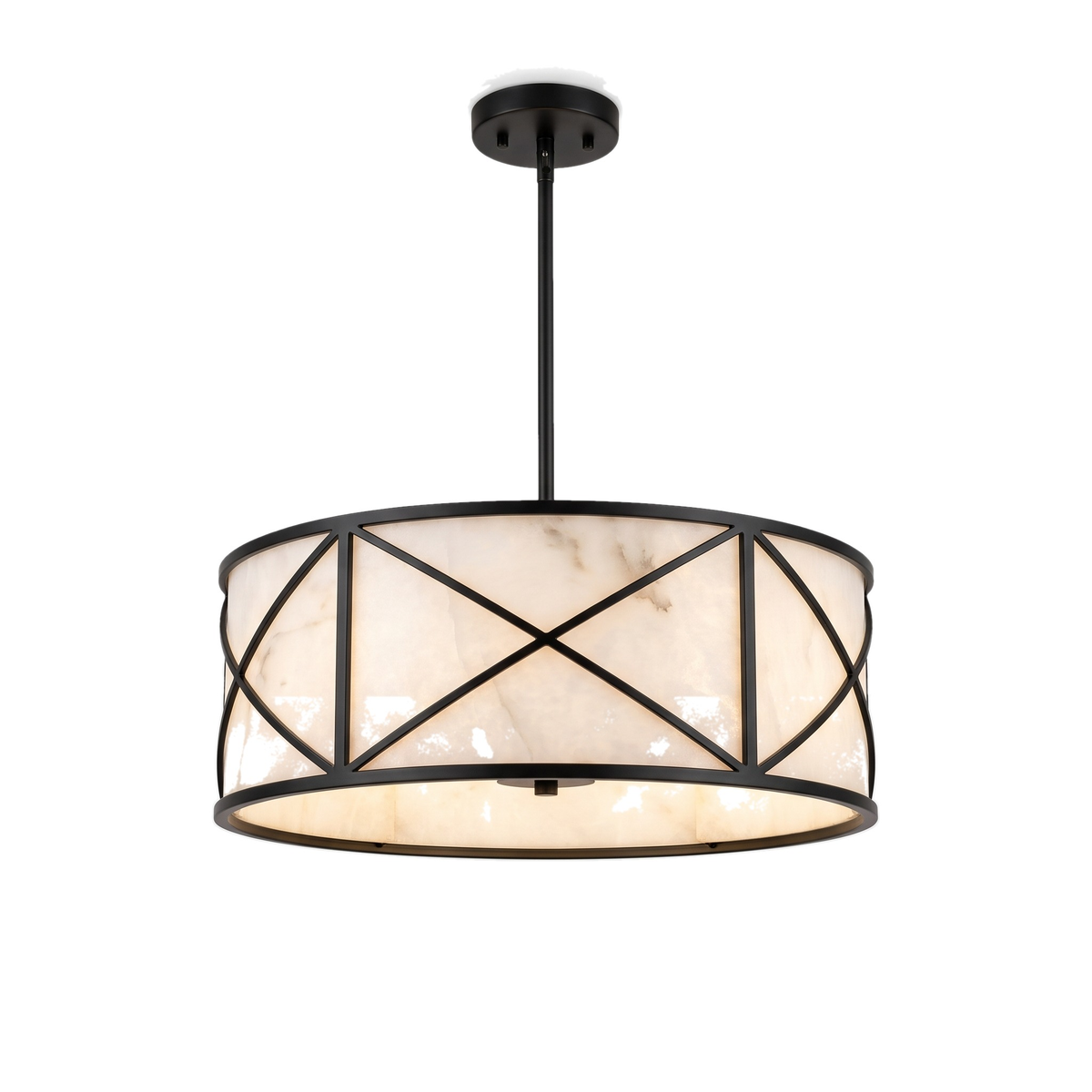 Clerkenwell round alabaster chandelier with black frame on a white background