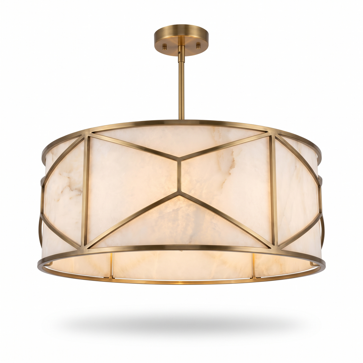 Clerkenwell round alabaster chandelier with brass frame on a white background