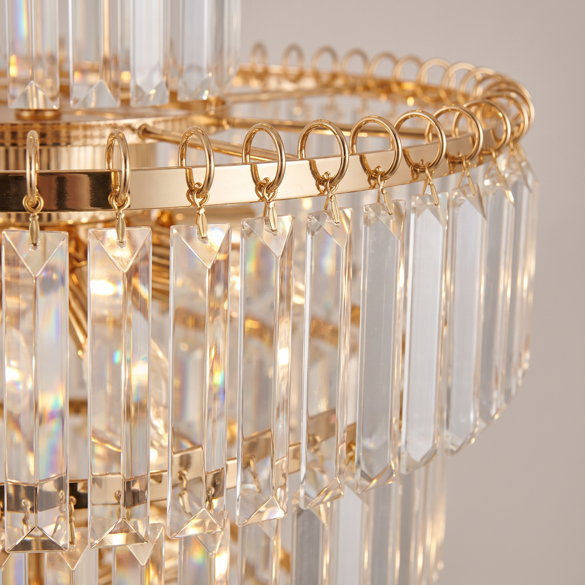Knightsbridge spiral staircase chandelier, close-up of the clear crystal prisms