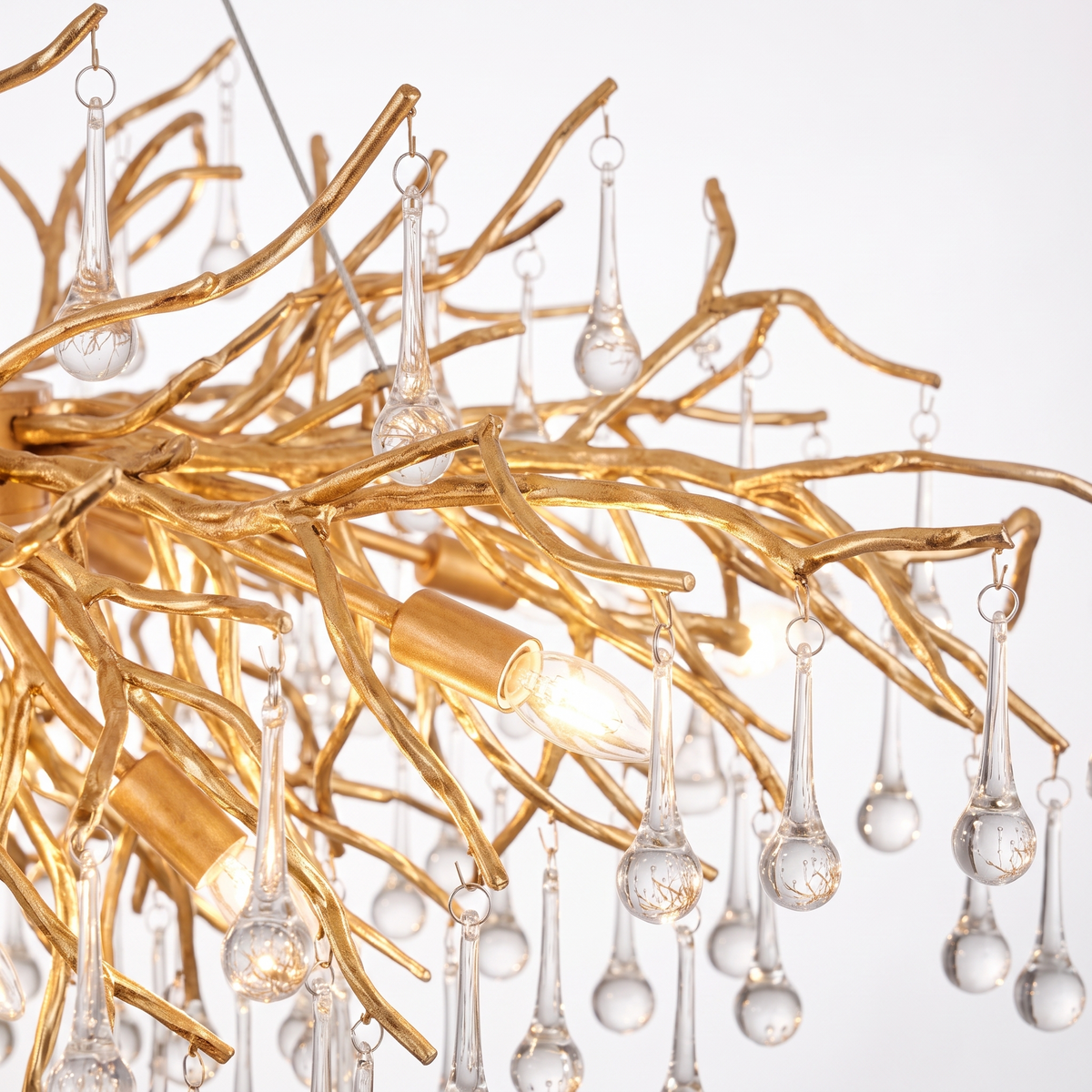 Bloomsbury crystal branch chandelier, close-up of the gold branches and crystal glass drops