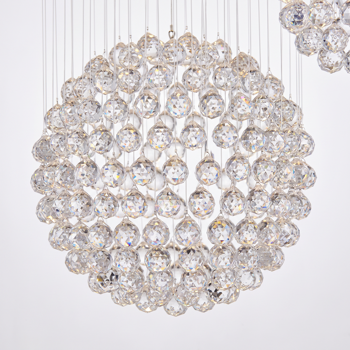 Henley raindrop chandelier, close-up of a faceted crystal sphere cluster