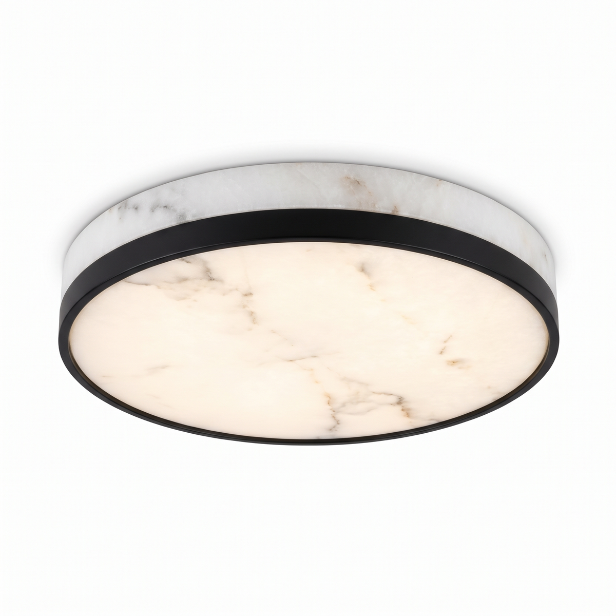 Dulwich alabaster flush ceiling light, round, with black ring on a white background