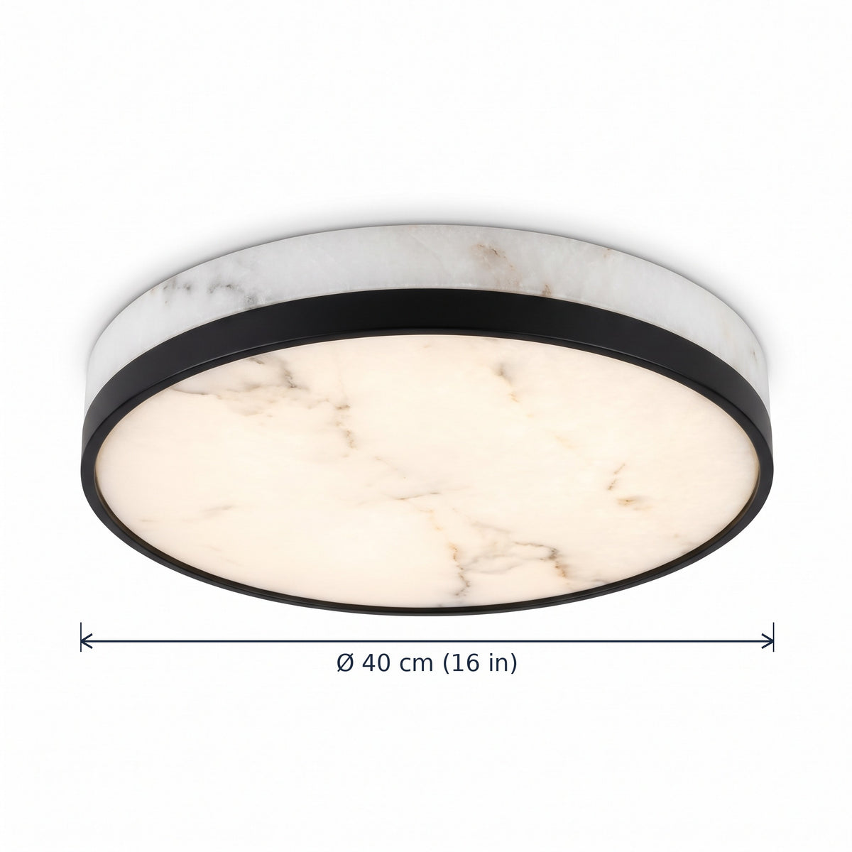 Dulwich alabaster flush ceiling light, round, dimensions in cm and inches