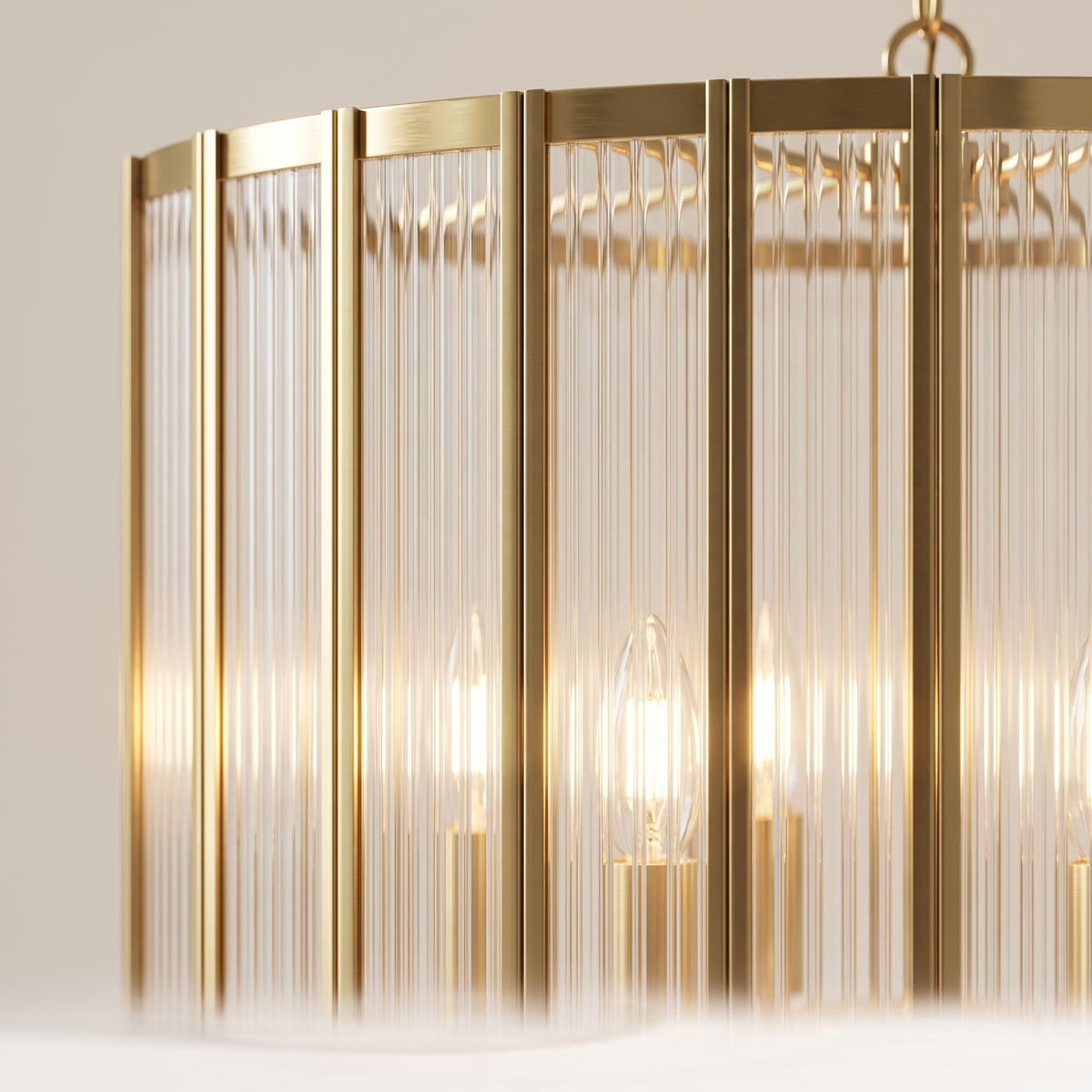 Fitzrovia fluted glass chandelier, close-up of the fluted glass panels and candle-style lights