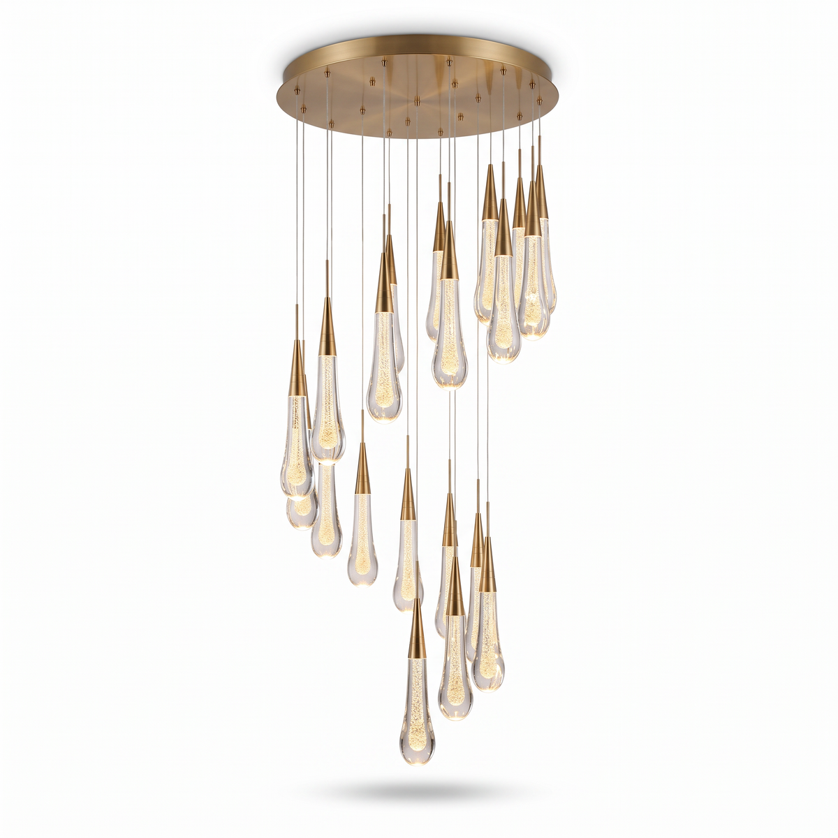 Greenwich teardrop chandelier, 18-light crystal model in gold on a white background