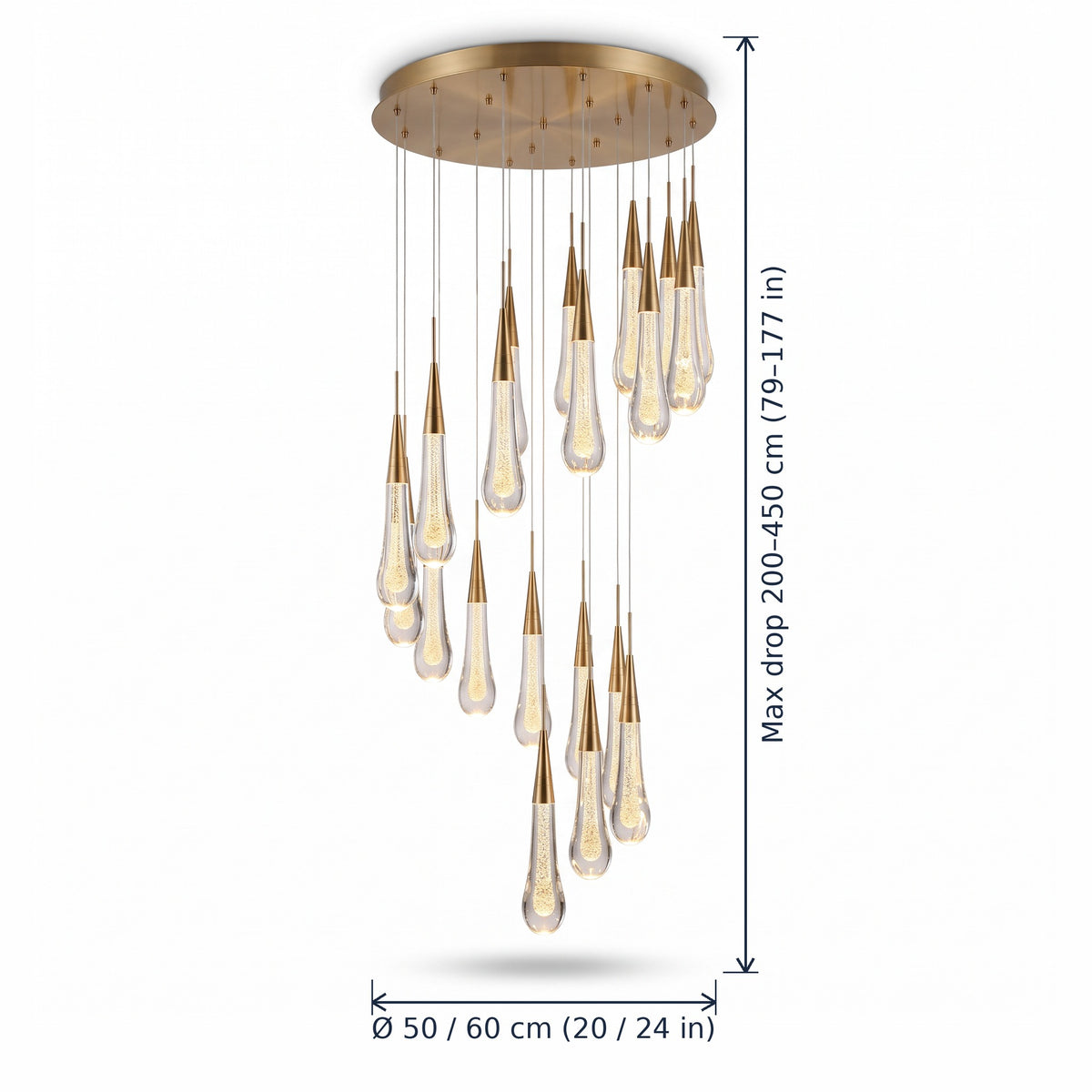 Greenwich teardrop chandelier dimensions in cm and inches