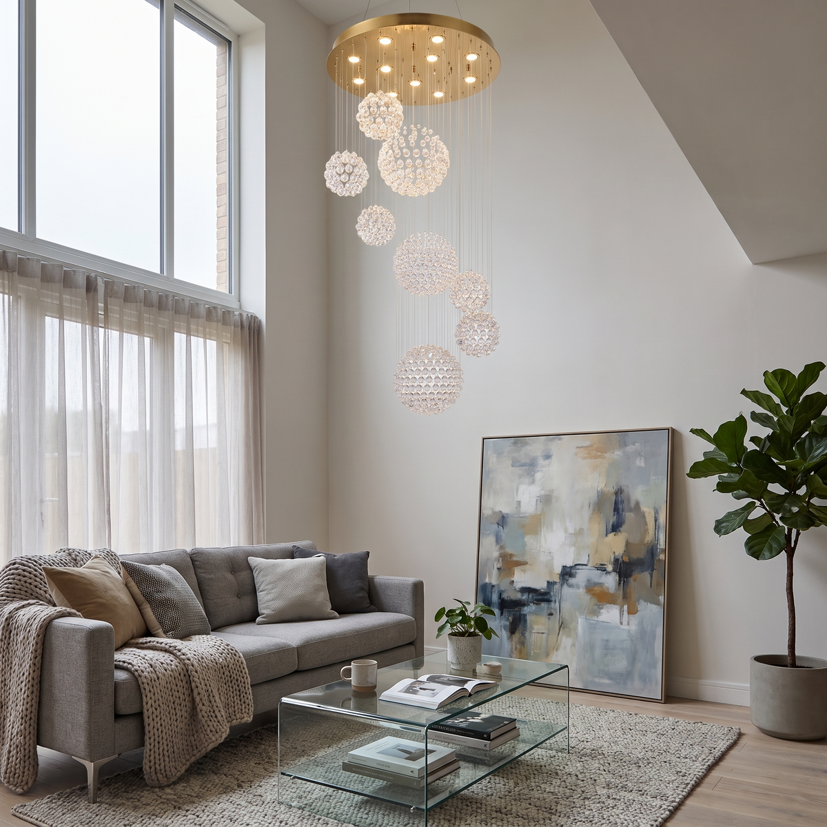 Henley raindrop chandelier in a double-height contemporary living room