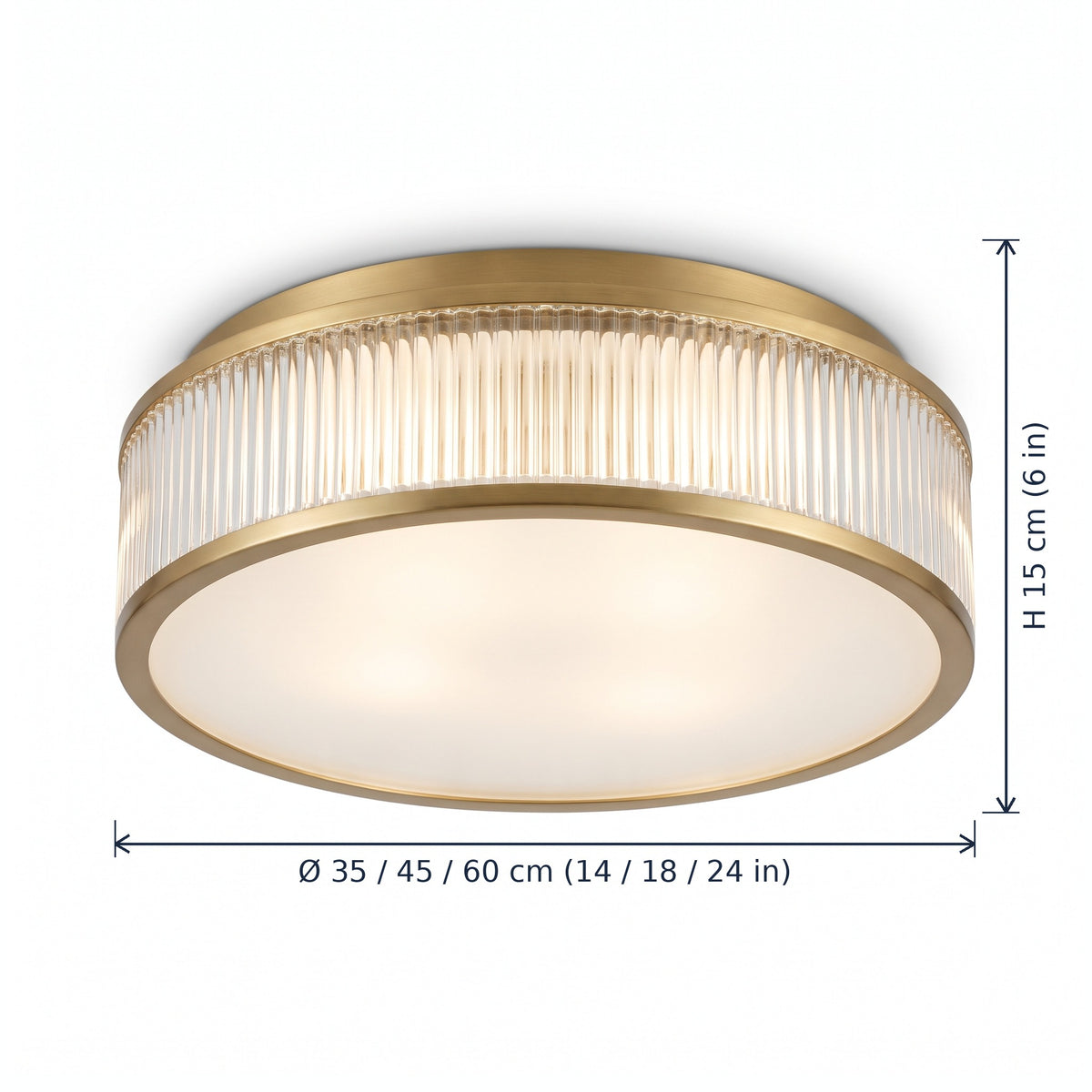 Holborn fluted glass flush ceiling light in brass, dimensions in cm and inches