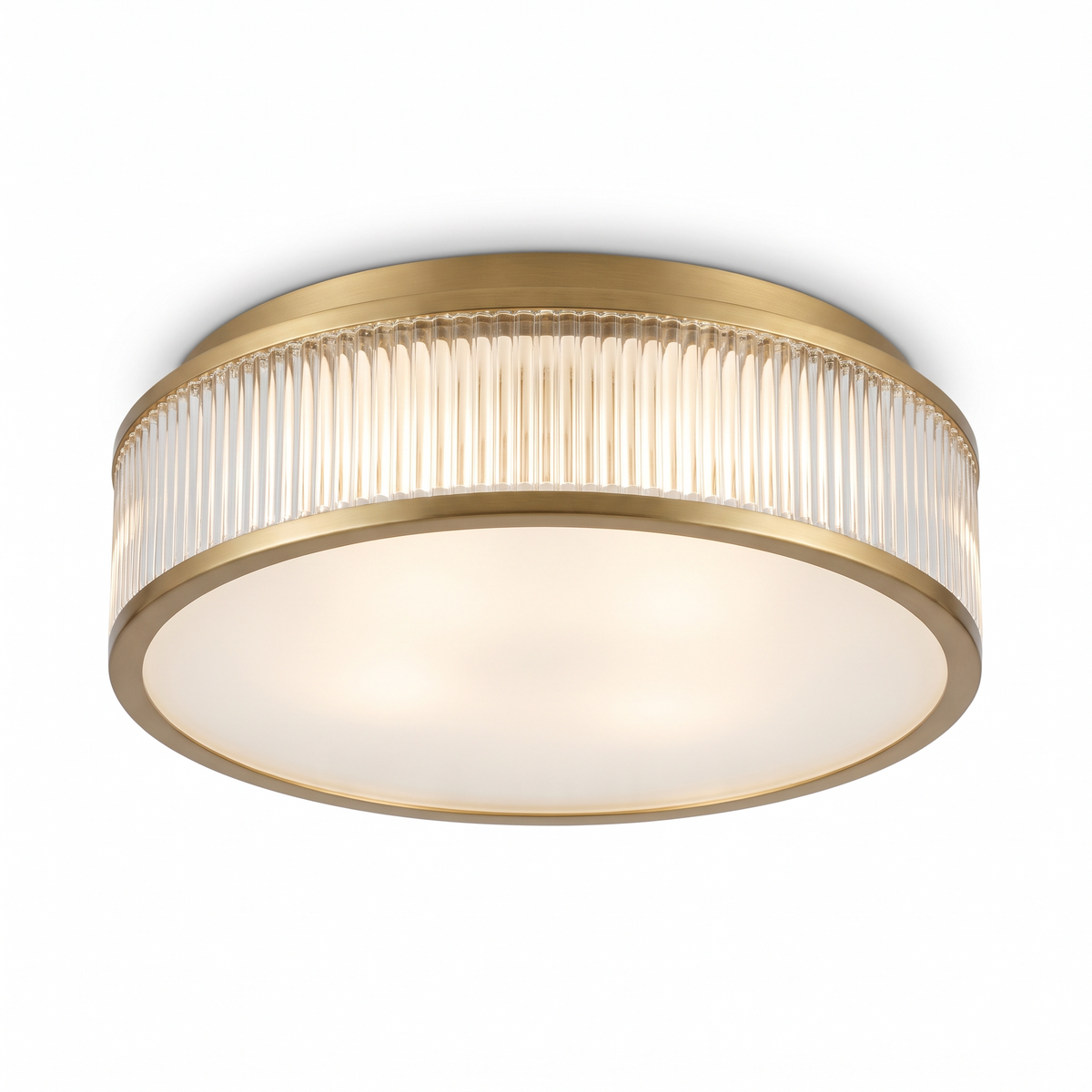 Holborn fluted glass flush ceiling light in brass on a white background