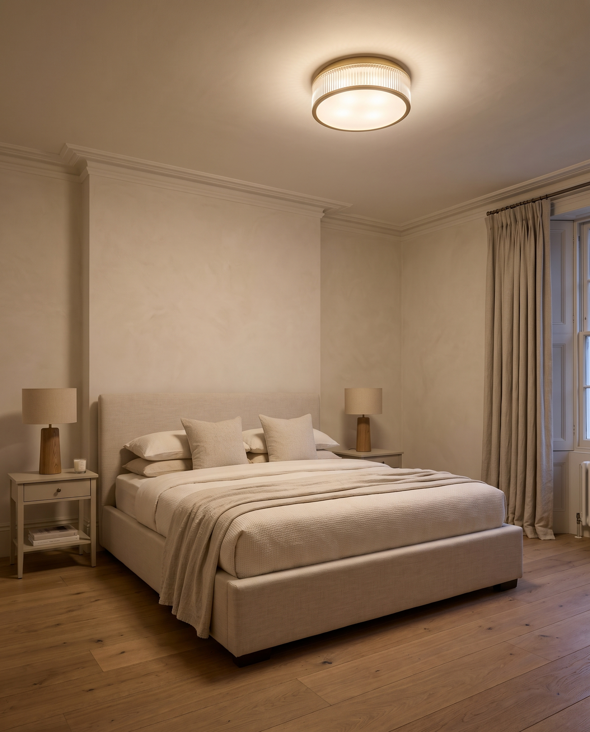 Holborn fluted glass flush ceiling light in a calm bedroom with a linen bed and oak floor