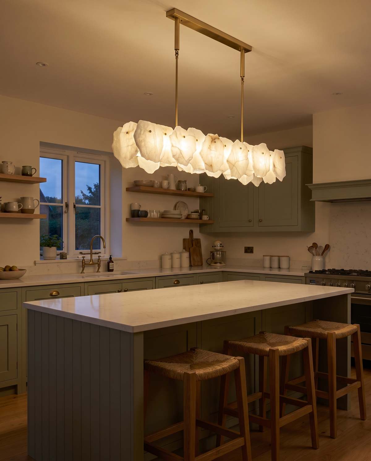 Hurlingham alabaster linear chandelier glowing above a kitchen island in the evening