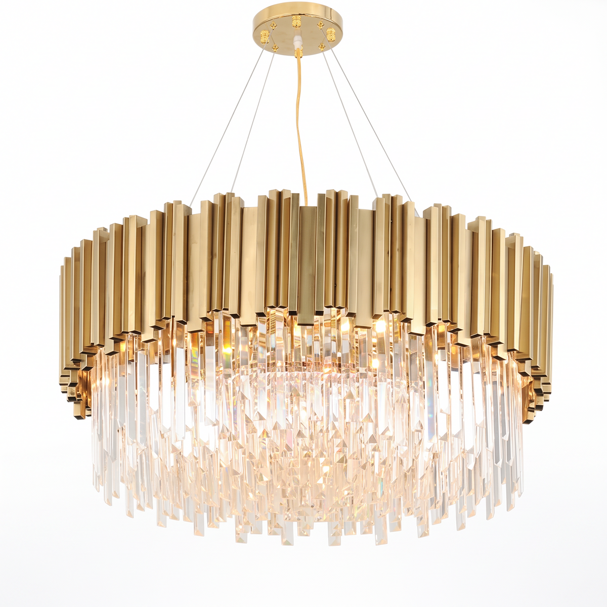 Kensington round crystal chandelier with gold fluted band on a white background