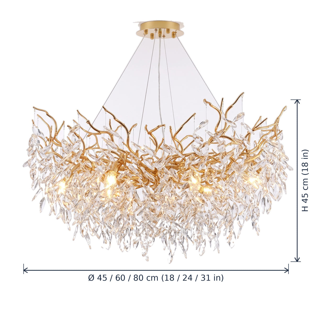 Kew crystal leaf chandelier dimensions in cm and inches