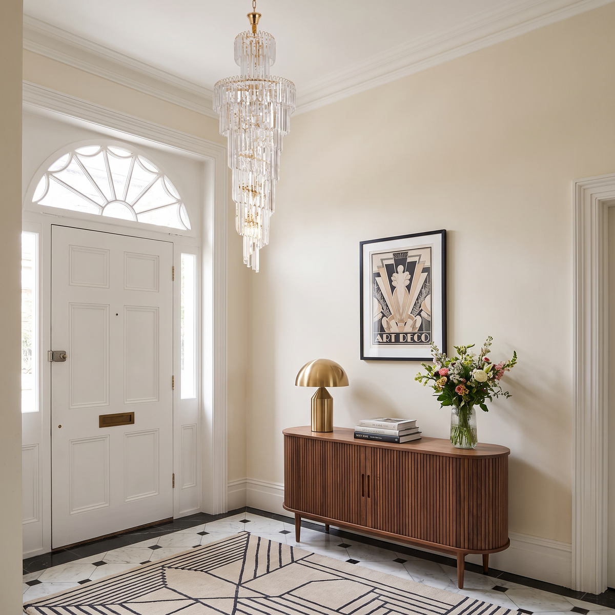 Knightsbridge spiral staircase chandelier in an Art Deco entrance hall