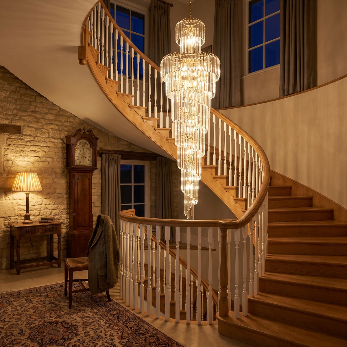 Knightsbridge spiral staircase chandelier lit in the evening above a curved oak staircase