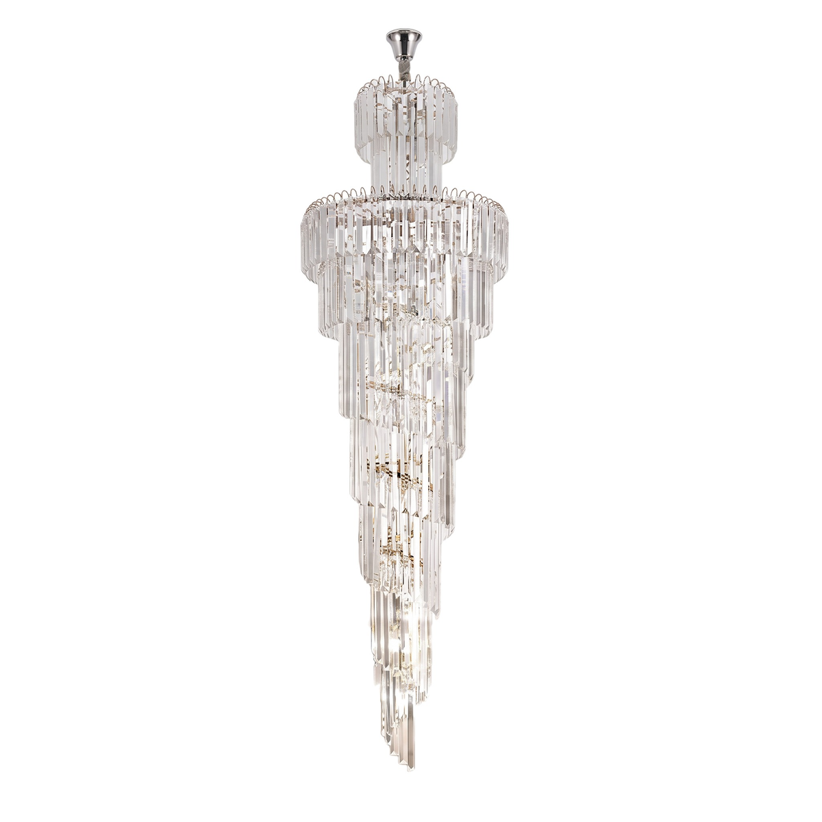 Knightsbridge spiral staircase chandelier, tiered crystal, in chrome on a white background