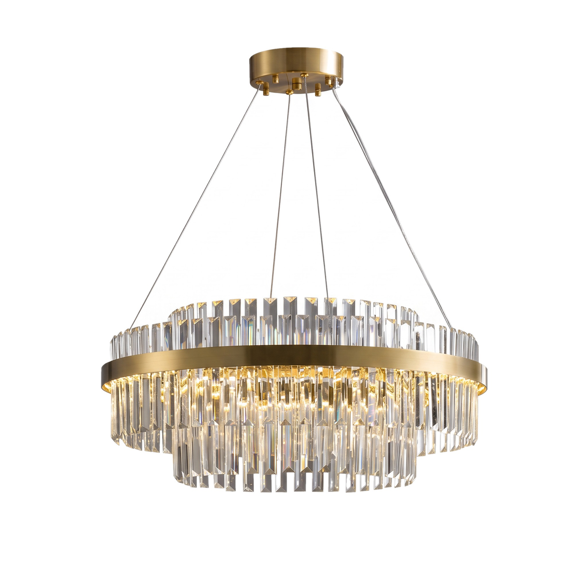 Mayfair tiered chandelier, round crystal model in gold on a white background