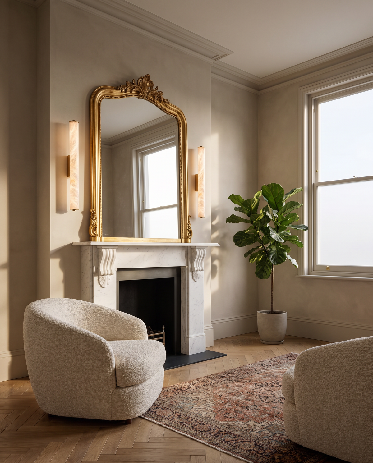 Belsize alabaster wall light, a pair of columns either side of a fireplace mirror