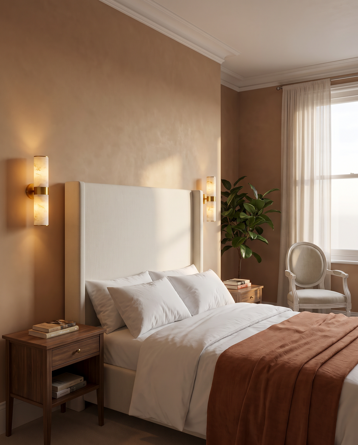 Holland up and down wall light, a pair in alabaster either side of an upholstered headboard