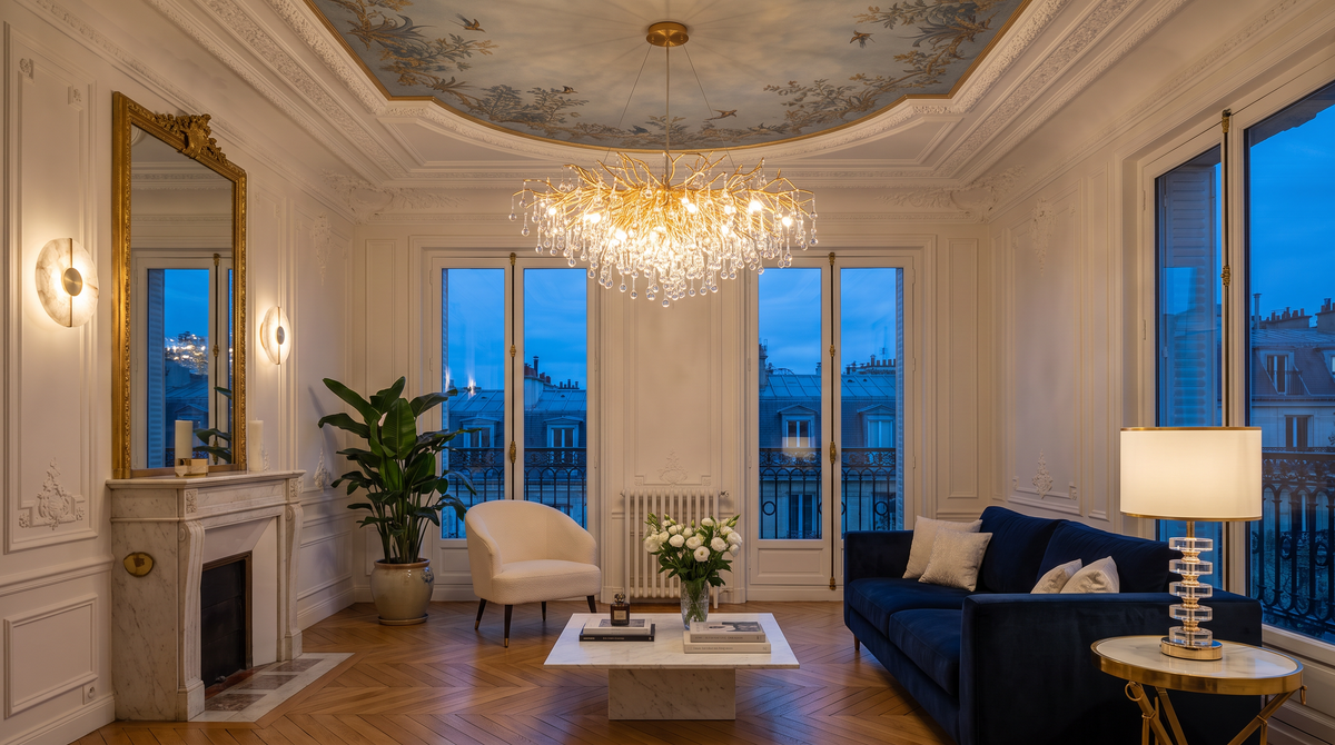 Parisian living room at dusk lit by a gold crystal drop chandelier, alabaster wall lights and a crystal table lamp