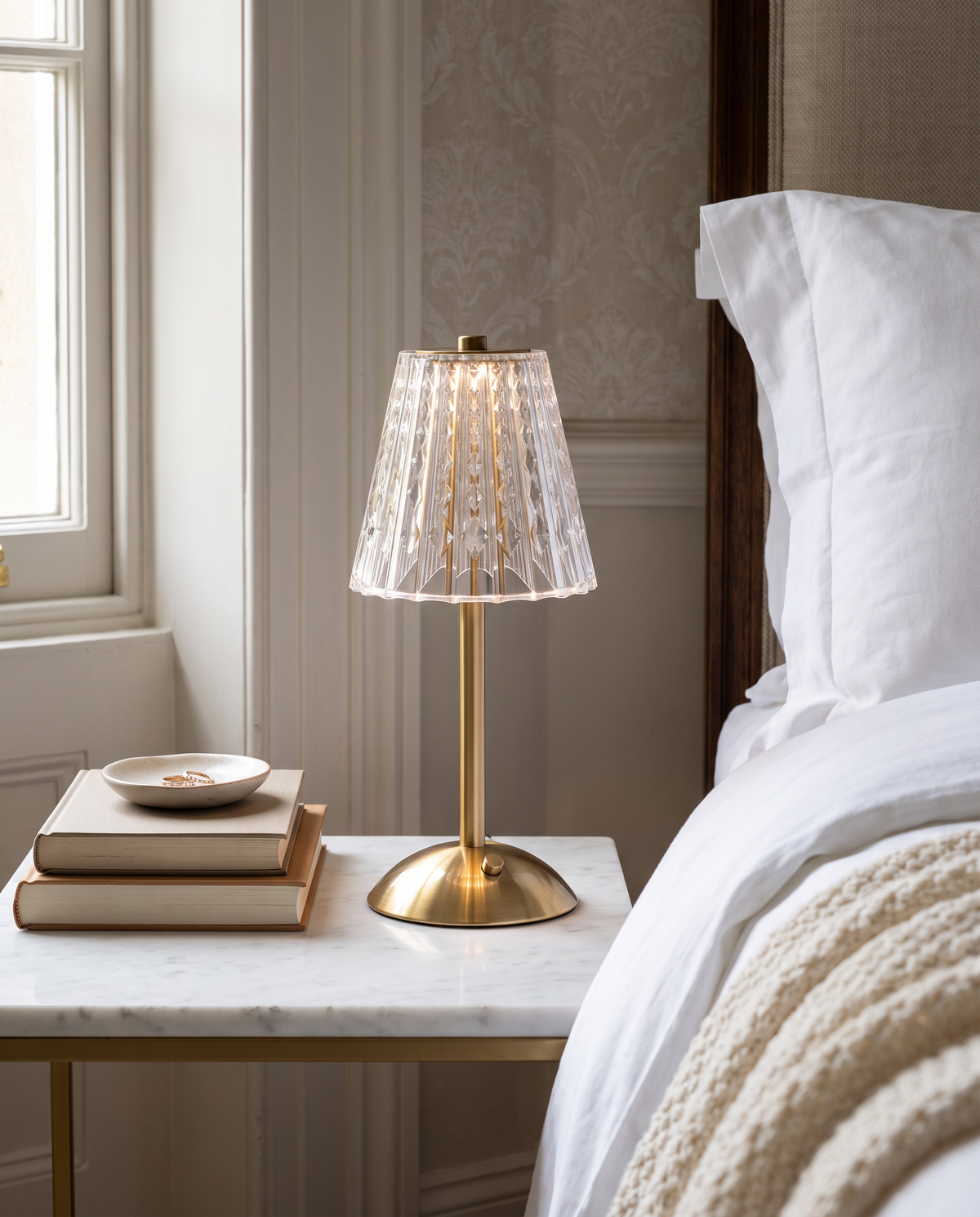 Piccadilly rechargeable crystal table lamp on a marble bedside table