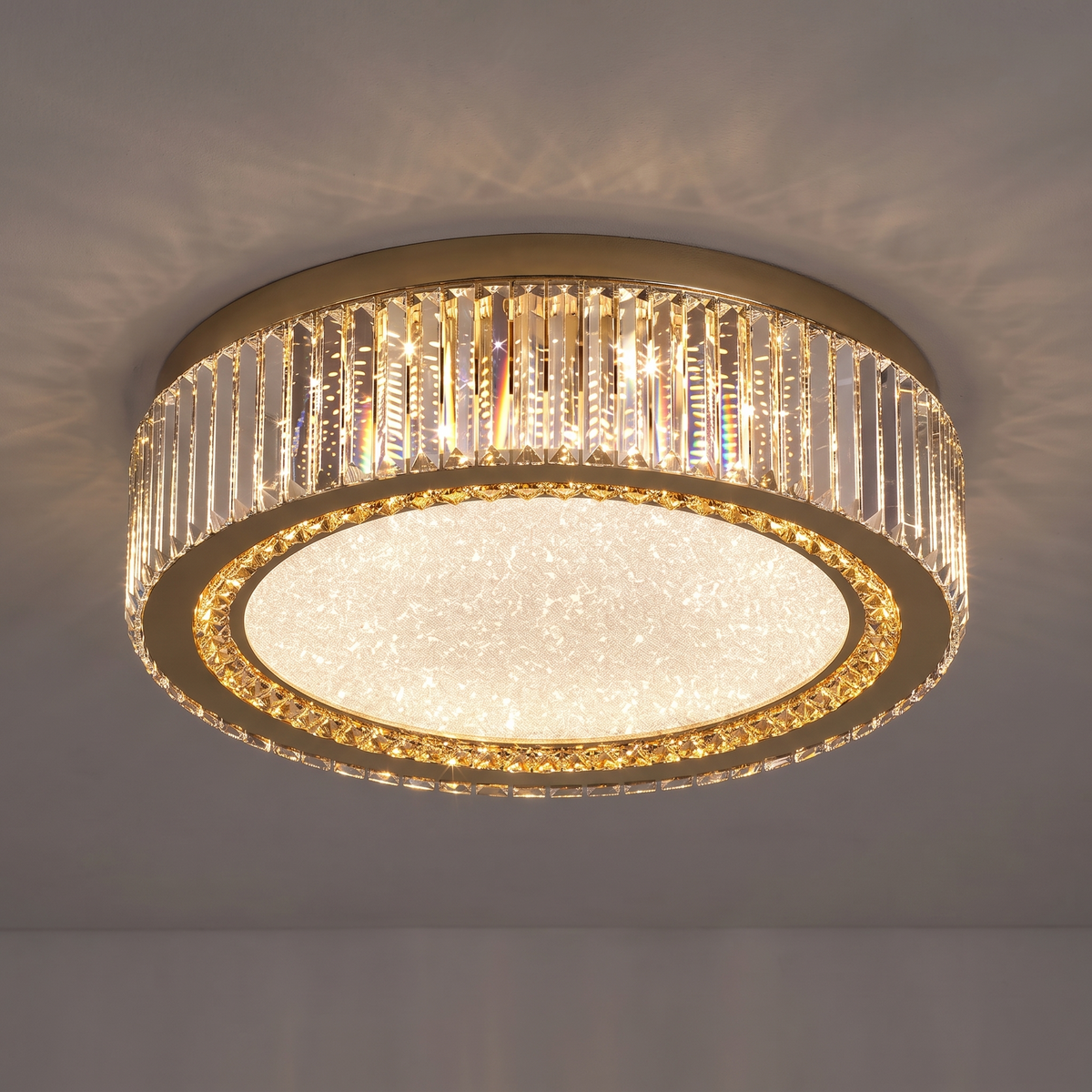 Pimlico round crystal flush ceiling light switched on, close-up of the frosted crystal diffuser