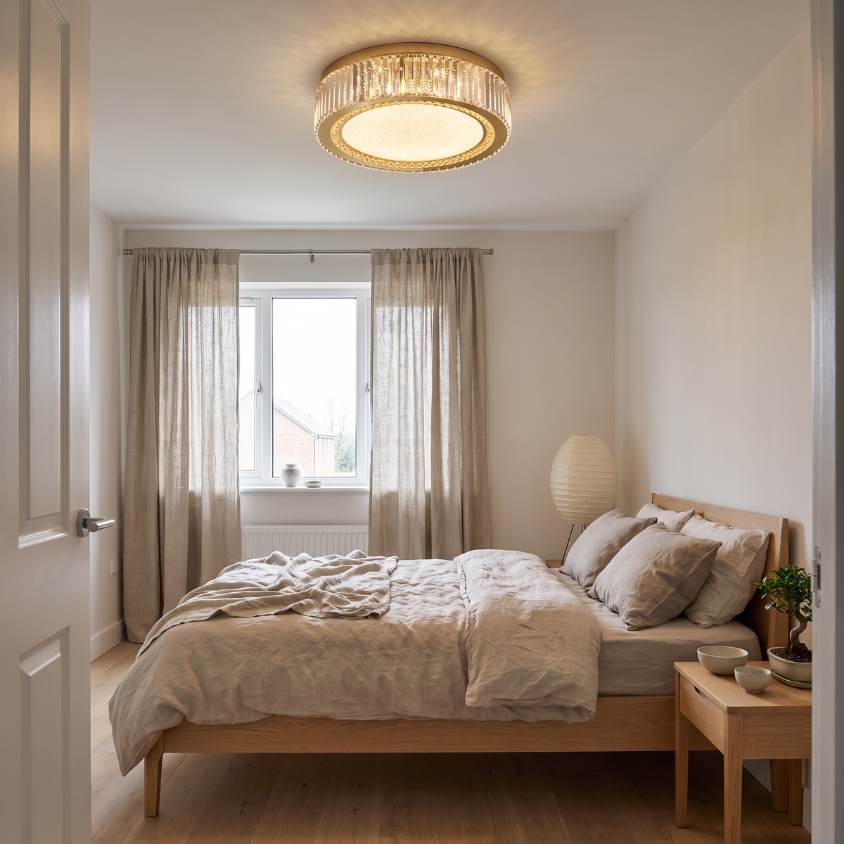Pimlico round crystal flush ceiling light in a Japandi bedroom