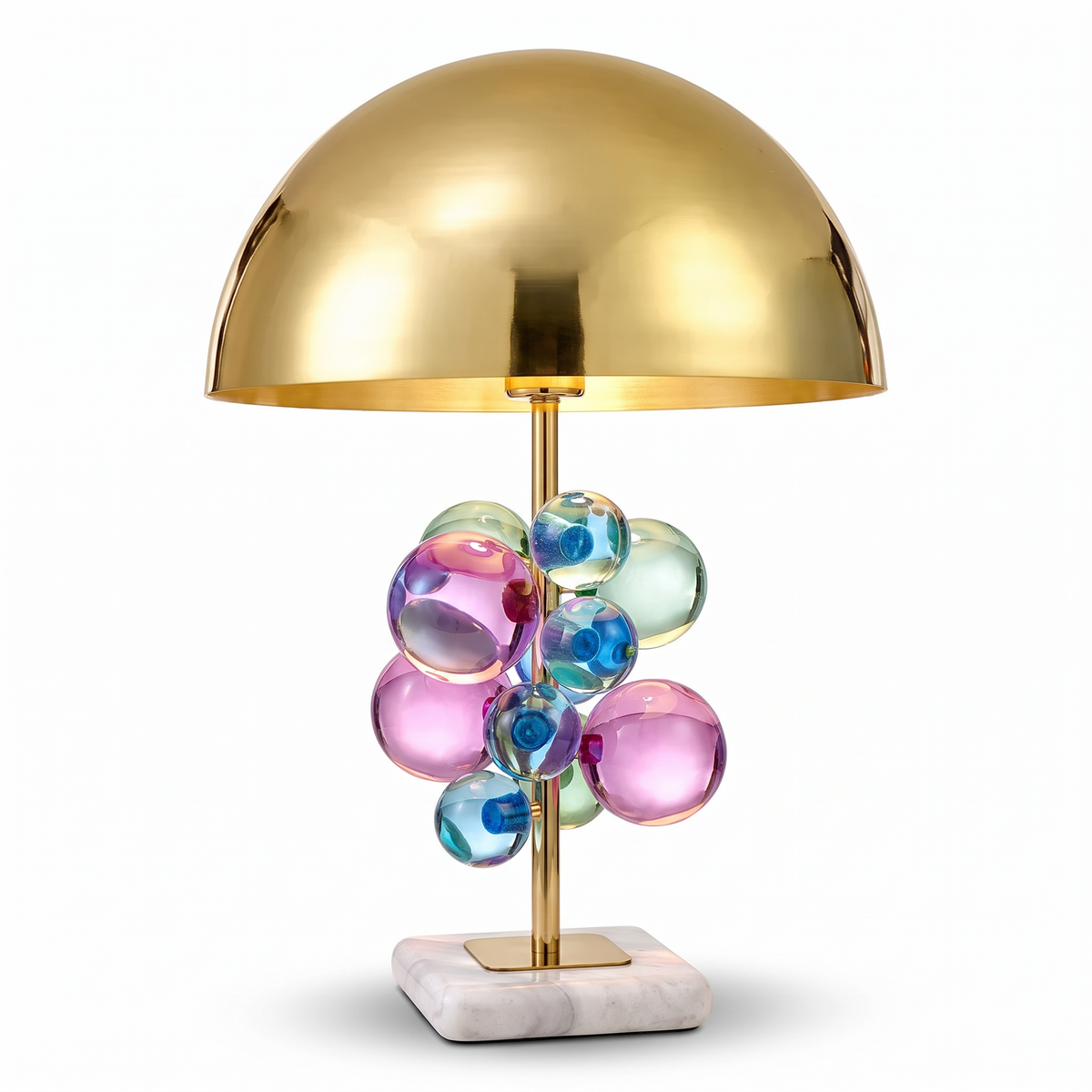 Primrose crystal globe table lamp with coloured crystal globes in pink, violet, aqua and green, gold dome, white marble base