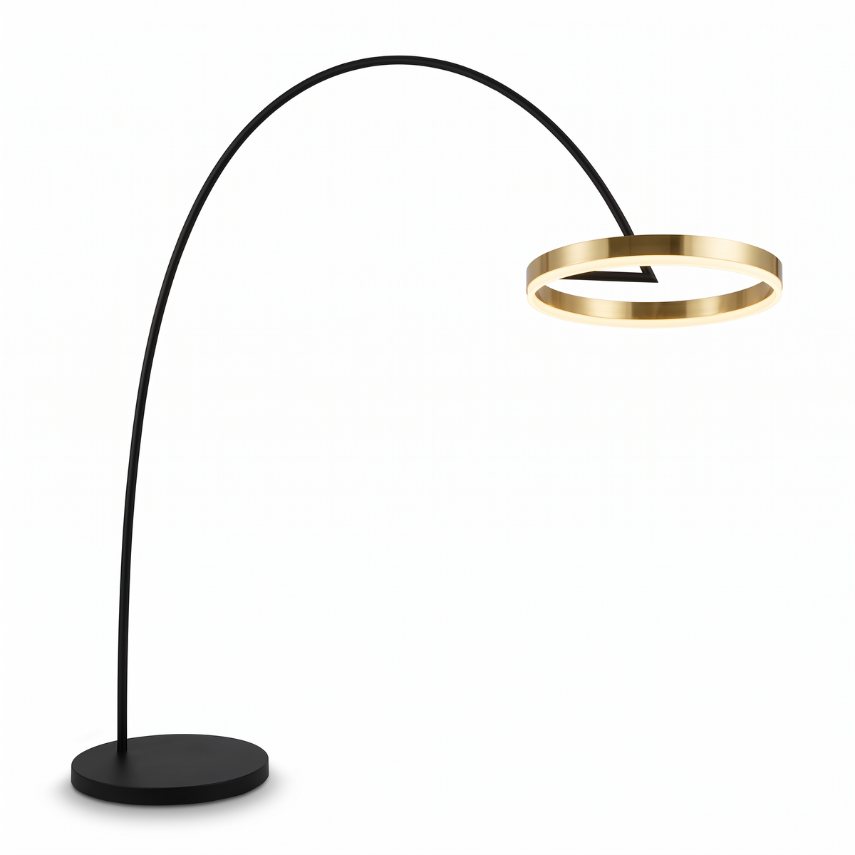 Richmond gold arc floor lamp with a slim black arc and gold LED ring, white background