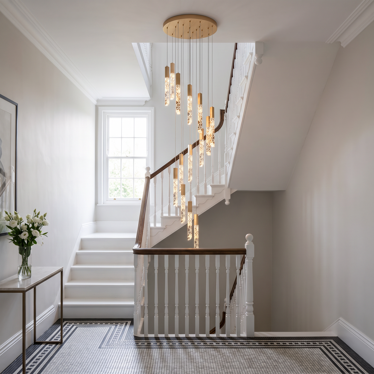 Somerset spiral crystal chandelier in an Edwardian entrance hall stairwell
