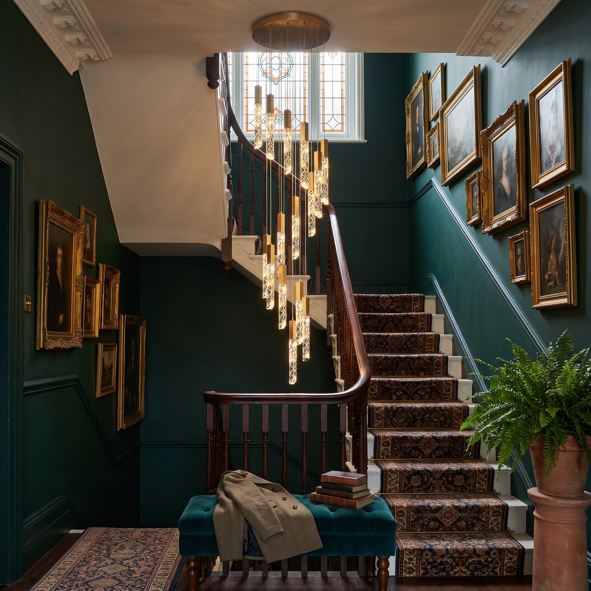 Somerset spiral crystal chandelier in a Victorian staircase with green walls