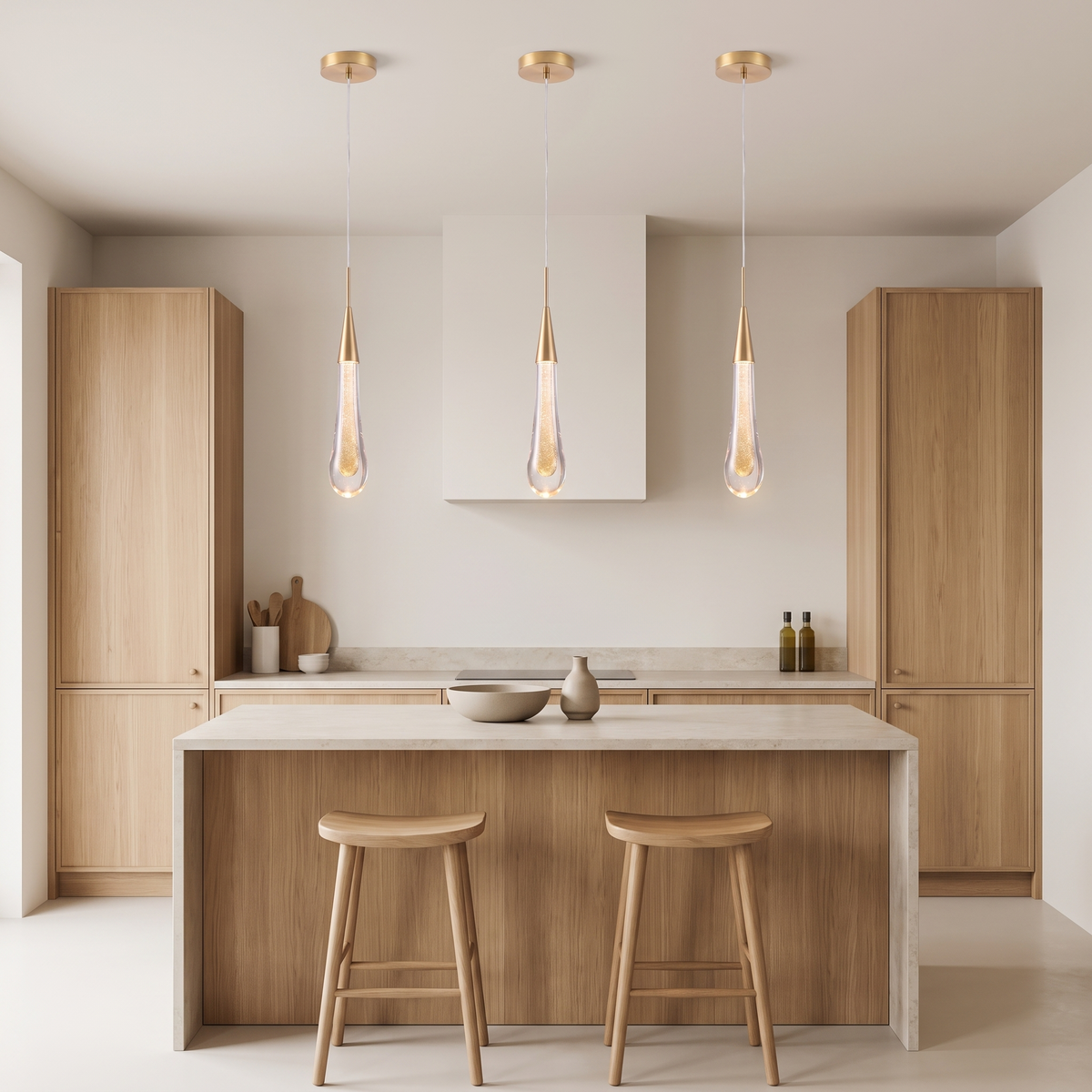 Islington crystal teardrop pendant light, three above a Japandi kitchen island