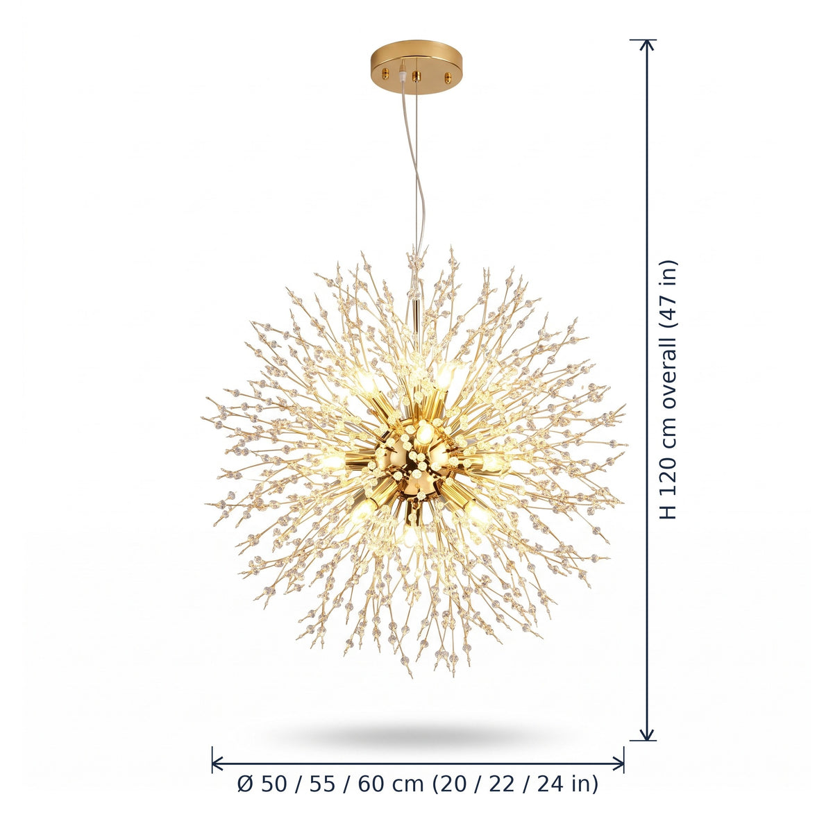 Vauxhall firework chandelier in crystal, dimensions in cm and inches