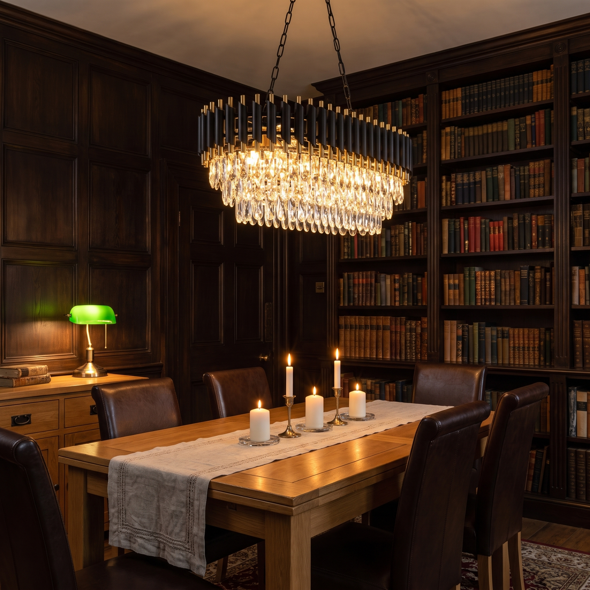 Windsor black and gold crystal chandelier, oval, lit above an oak dining table in the evening