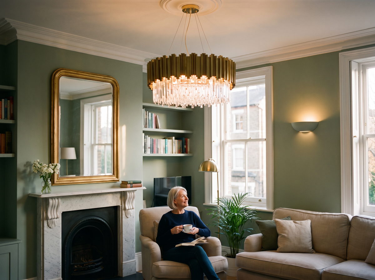Woman enjoying tea in her living room under the Kensington crystal chandelier